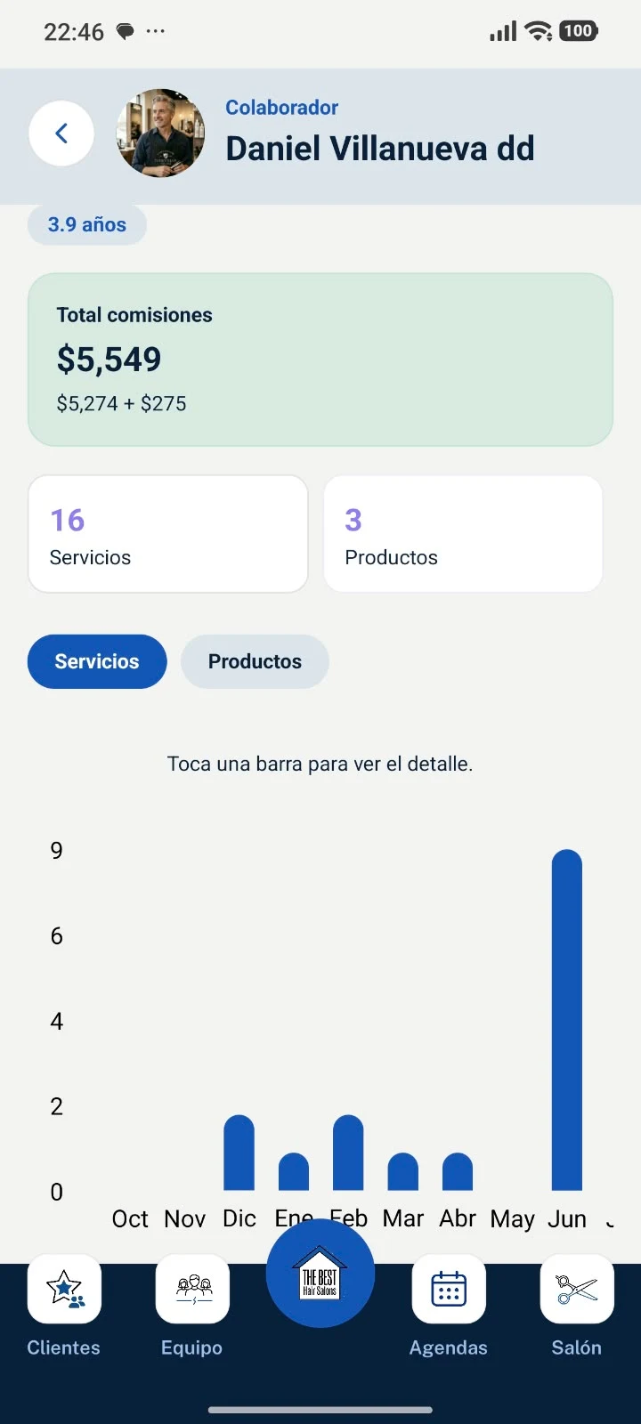 App móvil: comisiones y servicios por colaborador